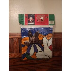 Vintage Les Fleurs Christmas Stain Glass Flag Santa Sleigh NOS